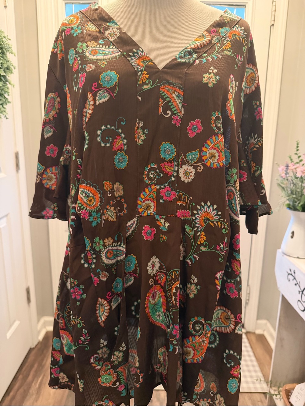 Cato Brown Paisley V-Neck Tunic with Teal & Pink Accents - Picture 2 of 3